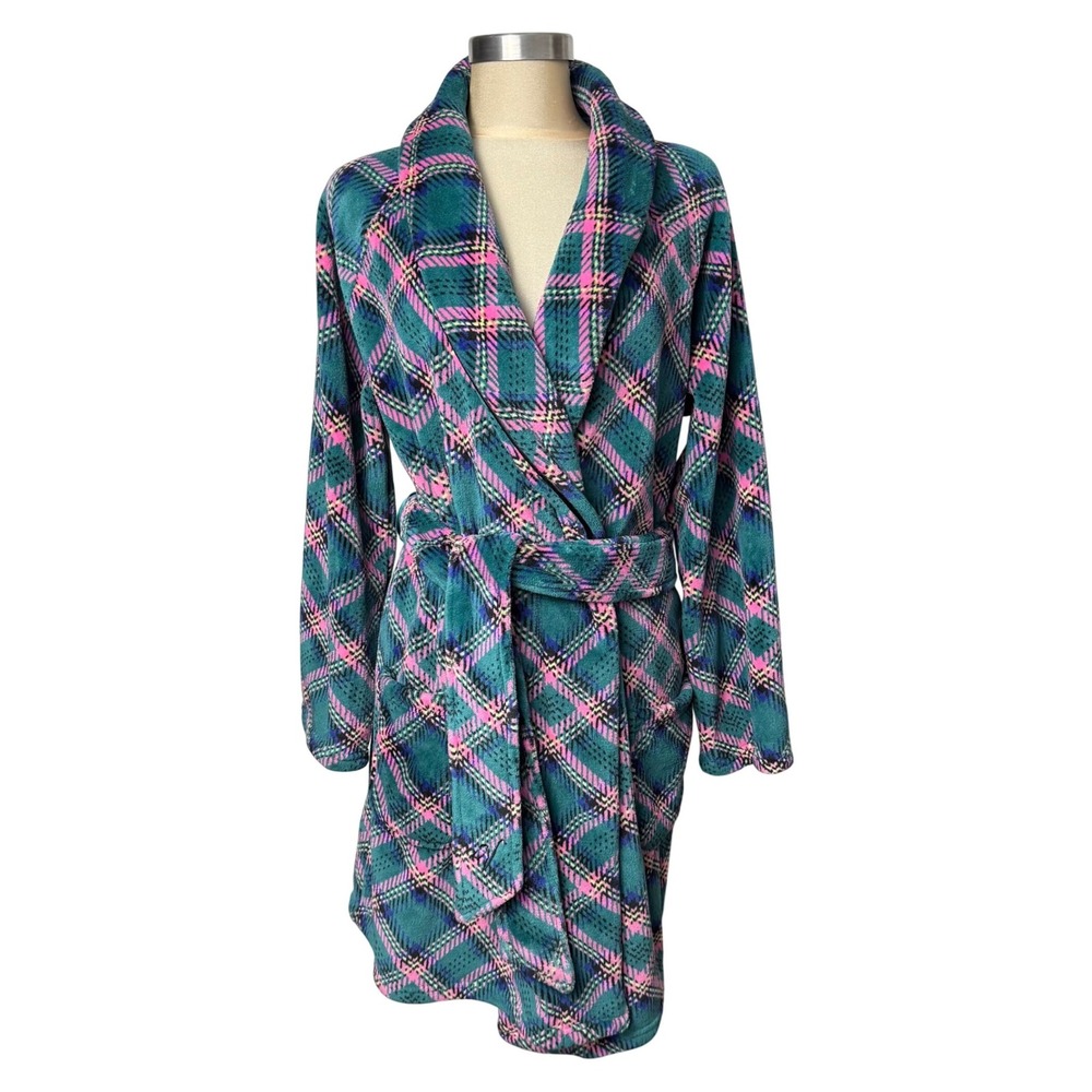 Victoria's Secret Green Pink Plaid Fleece Robe XS/S Soft Short Belted Lounge